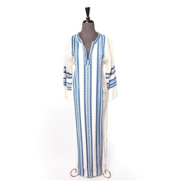 Vtg 1970's Maxi Kaftan Dress ALEX CONDARINIS Blue White Vertical Striped - Picture 1 of 10